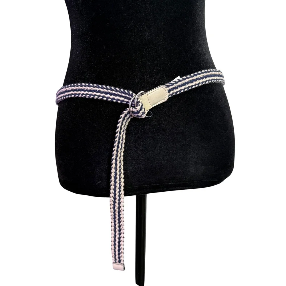Womens Skinny Braided Rope Belt Size 12 D Ring Blue Cream Nautical Preppy BOHO